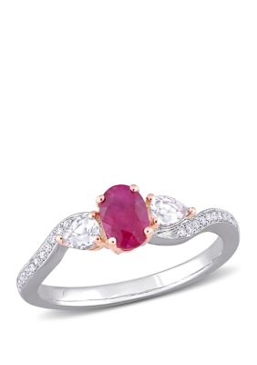 Belk & Co 3/5 Ct. T.w. Ruby, 1/3 Ct. T.w. Sapphire, And 1/10 Ct. T.w. Diamond Accent Oval 3 Stone Ring In 14K White And Rose Gold