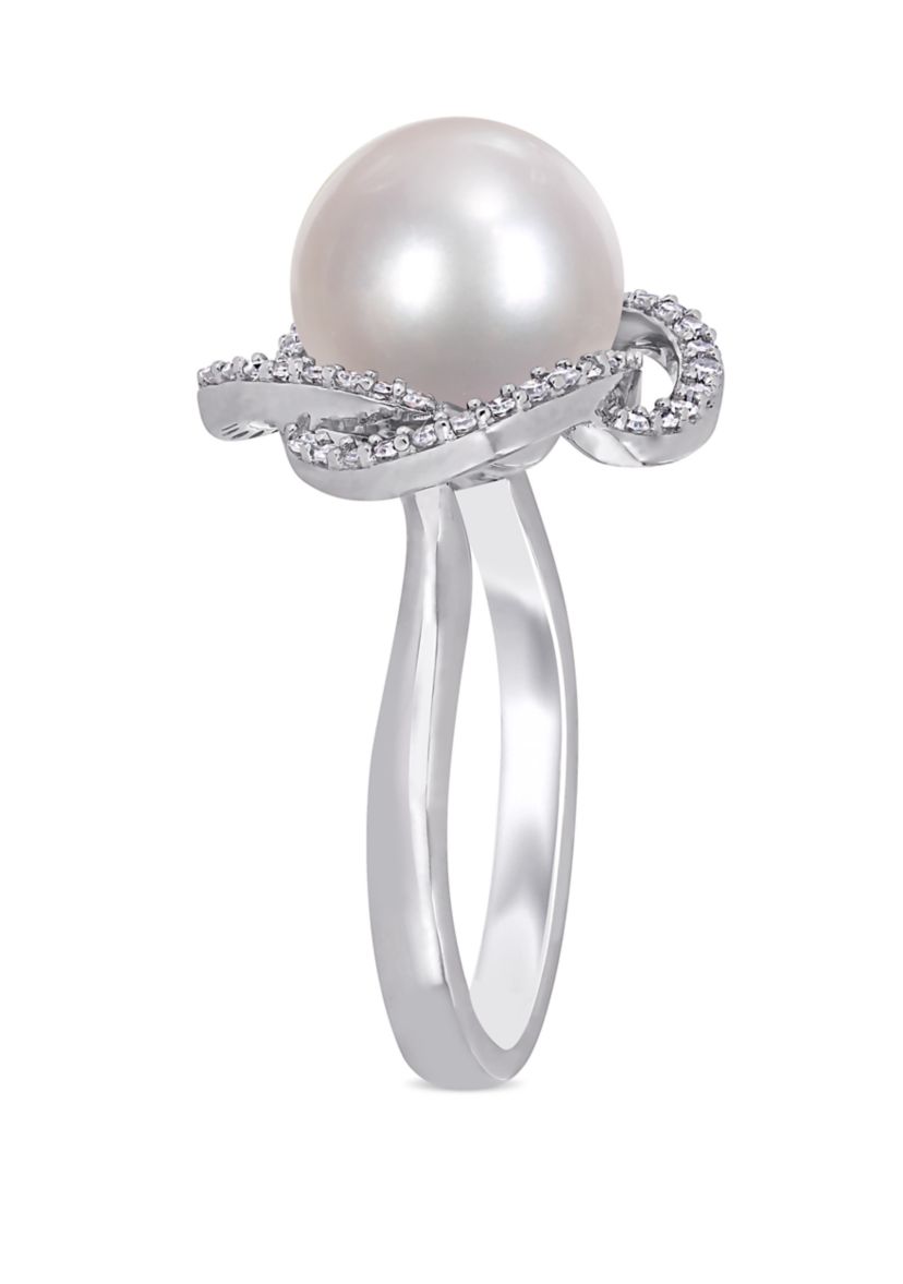 1/4 ct. t.w. Diamond and 10 to 10.5 Millimeter Cultured Freshwater Pearl Swirl Ring in 14k White Gold