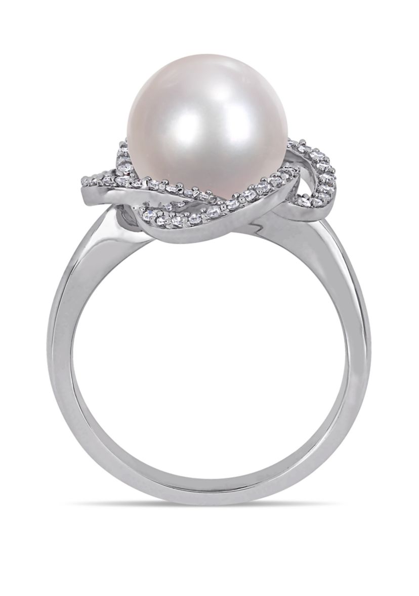 1/4 ct. t.w. Diamond and 10 to 10.5 Millimeter Cultured Freshwater Pearl Swirl Ring in 14k White Gold