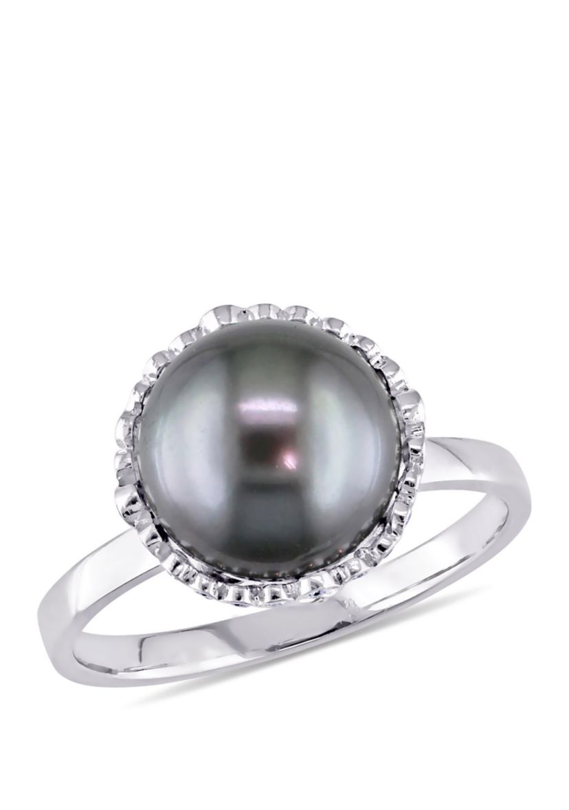 1/4 ct. t.w. Diamond and 9.5 to 10 Millimeter Cultured Tahitian Pearl Cocktail Ring in 14k White Gold
