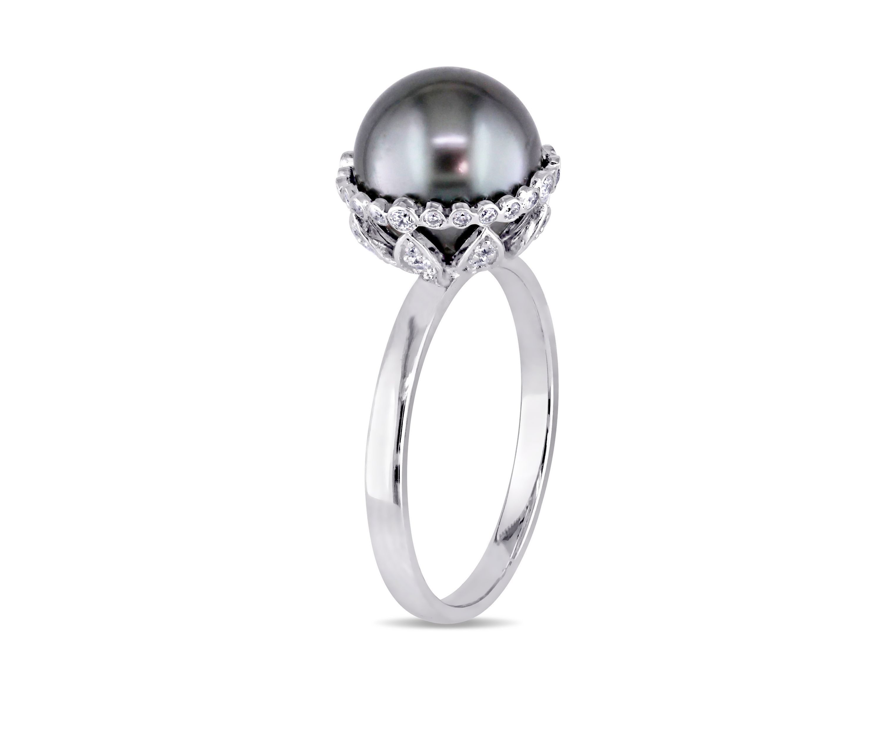 1/4 ct. t.w. Diamond and 9.5 to 10 Millimeter Cultured Tahitian Pearl Cocktail Ring in 14k White Gold
