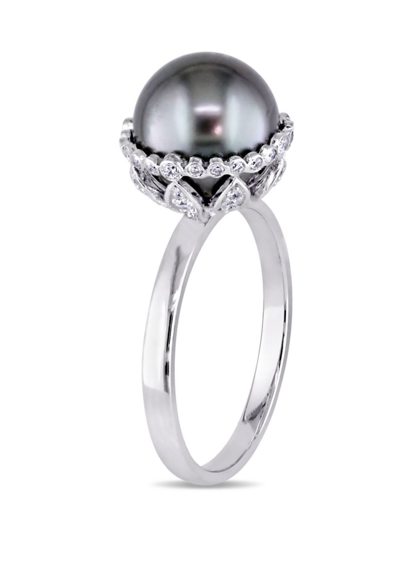 1/4 ct. t.w. Diamond and 9.5 to 10 Millimeter Cultured Tahitian Pearl Cocktail Ring in 14k White Gold