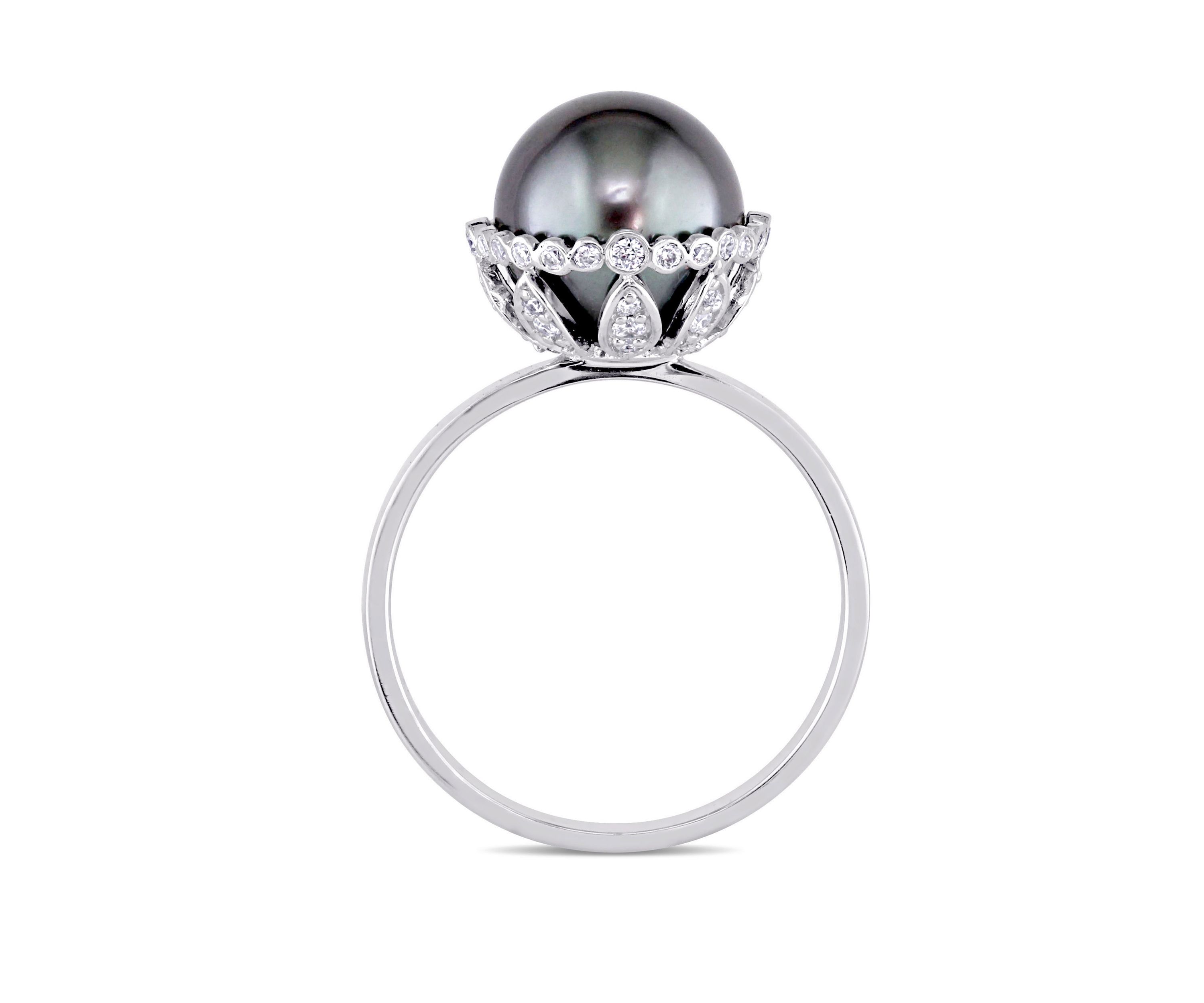 1/4 ct. t.w. Diamond and 9.5 to 10 Millimeter Cultured Tahitian Pearl Cocktail Ring in 14k White Gold