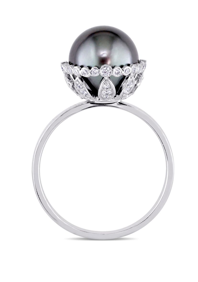 1/4 ct. t.w. Diamond and 9.5 to 10 Millimeter Cultured Tahitian Pearl Cocktail Ring in 14k White Gold