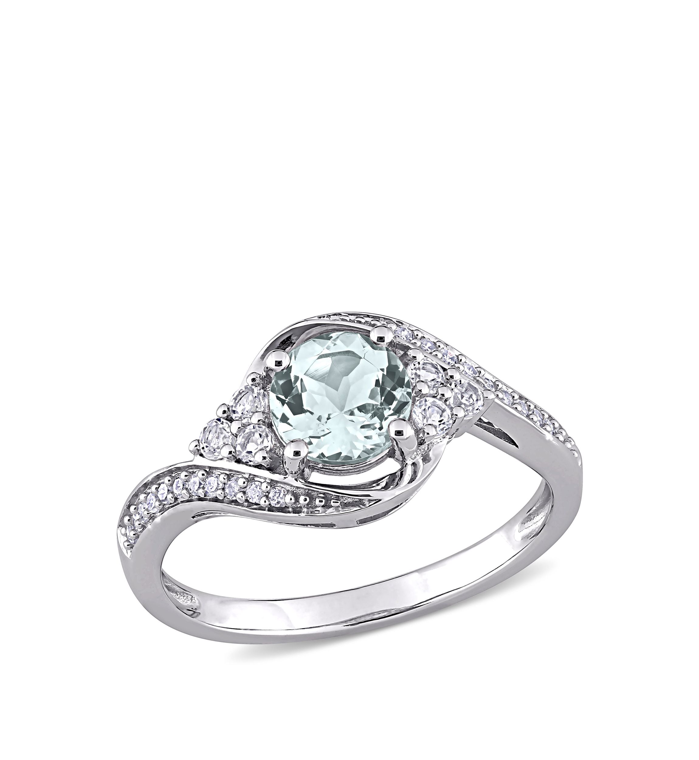 3/4 ct. t.w. Aquamarine, 1/4 ct. t.w. White Topaz and 1/10 ct. t.w. Diamond Swirl Ring in 10k White Gold