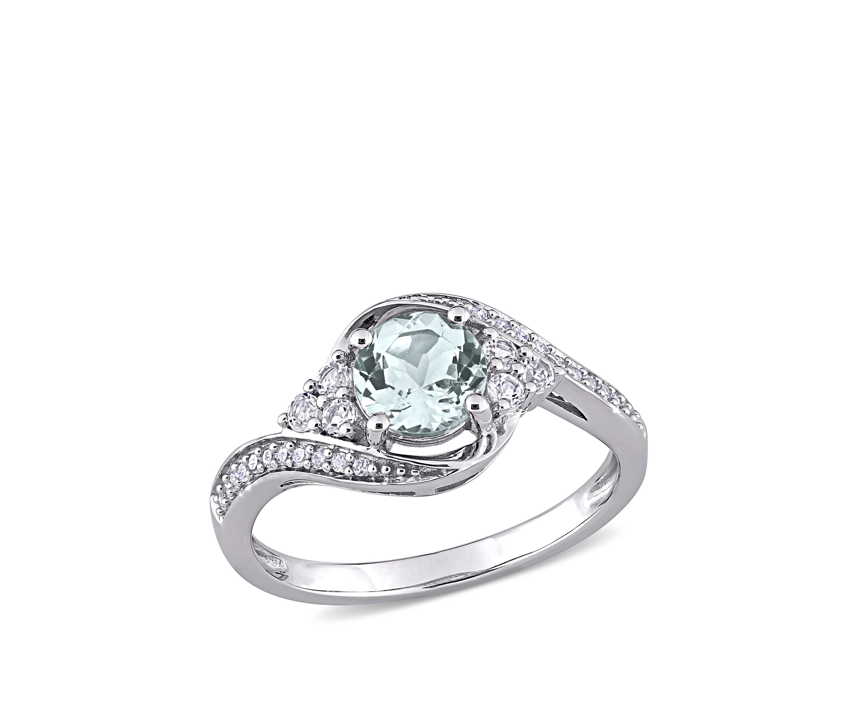  3/4 ct. t.w. Aquamarine, 1/4 ct. t.w. White Topaz and 1/10 ct. t.w. Diamond Swirl Ring in 10k White Gold