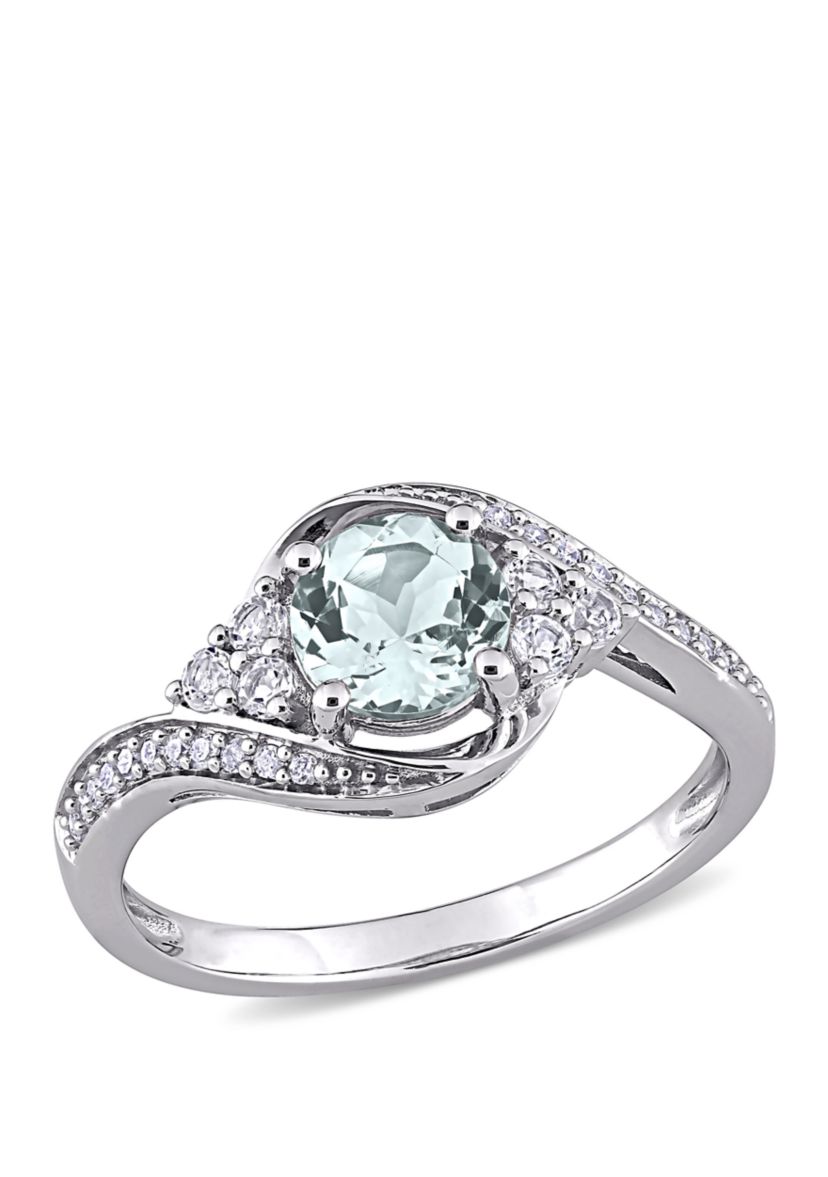  3/4 ct. t.w. Aquamarine, 1/4 ct. t.w. White Topaz and 1/10 ct. t.w. Diamond Swirl Ring in 10k White Gold