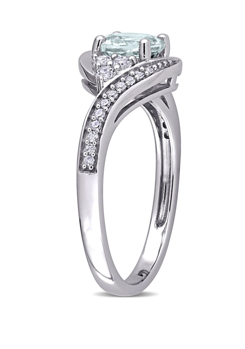  3/4 ct. t.w. Aquamarine, 1/4 ct. t.w. White Topaz and 1/10 ct. t.w. Diamond Swirl Ring in 10k White Gold