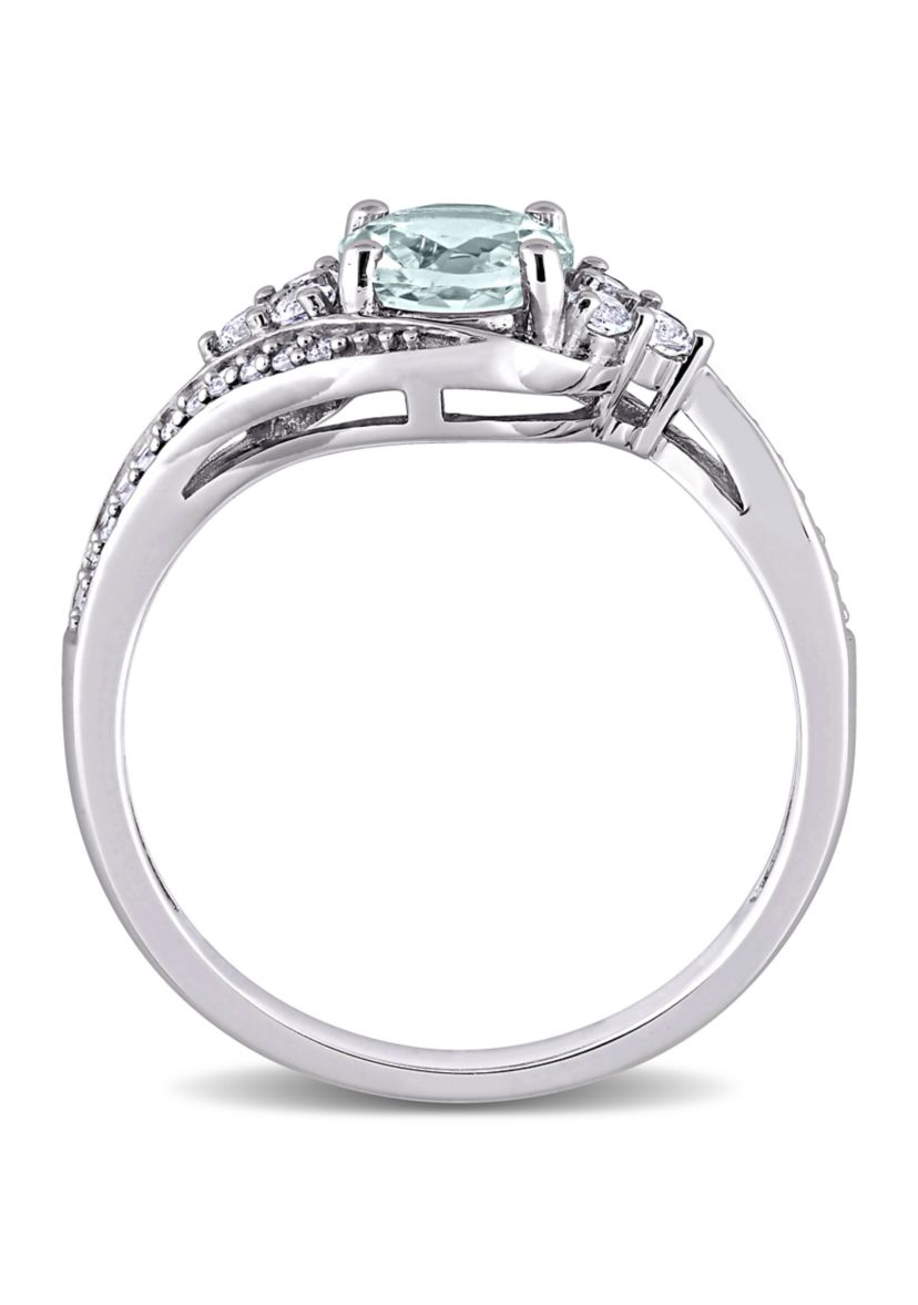  3/4 ct. t.w. Aquamarine, 1/4 ct. t.w. White Topaz and 1/10 ct. t.w. Diamond Swirl Ring in 10k White Gold