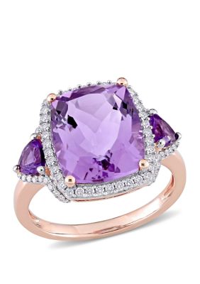 Belk & Co 5.4 Ct. T.w. Amethyst And 1/3 Ct. T.w. Diamond Halo 3 Stone Ring In 14K Rose Gold