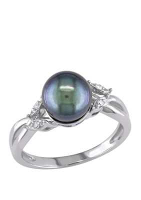 Belk & Co Black Cultured Freshwater Pearl And 1/10 Ct. T.w. Diamond Accent Crossover Ring In 10K White Gold