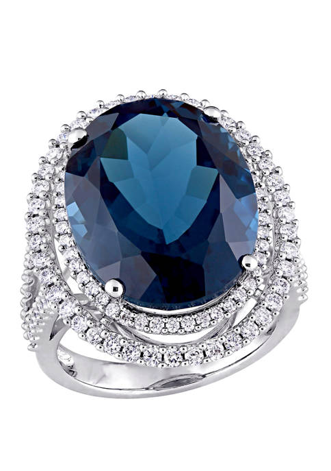 22 ct. t.w. London Blue Topaz and 7/8 ct. t.w. Diamond Double Halo Ring in 14K White Gold