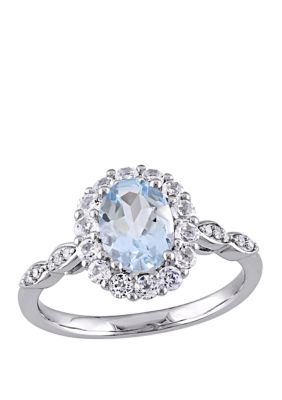 Belk & Co 1.13 Ct T.w. Aquamarine, White Topaz, And 1/10 Ct. T.w. Diamond Accent Halo Vintage Ring In 14K White Gold