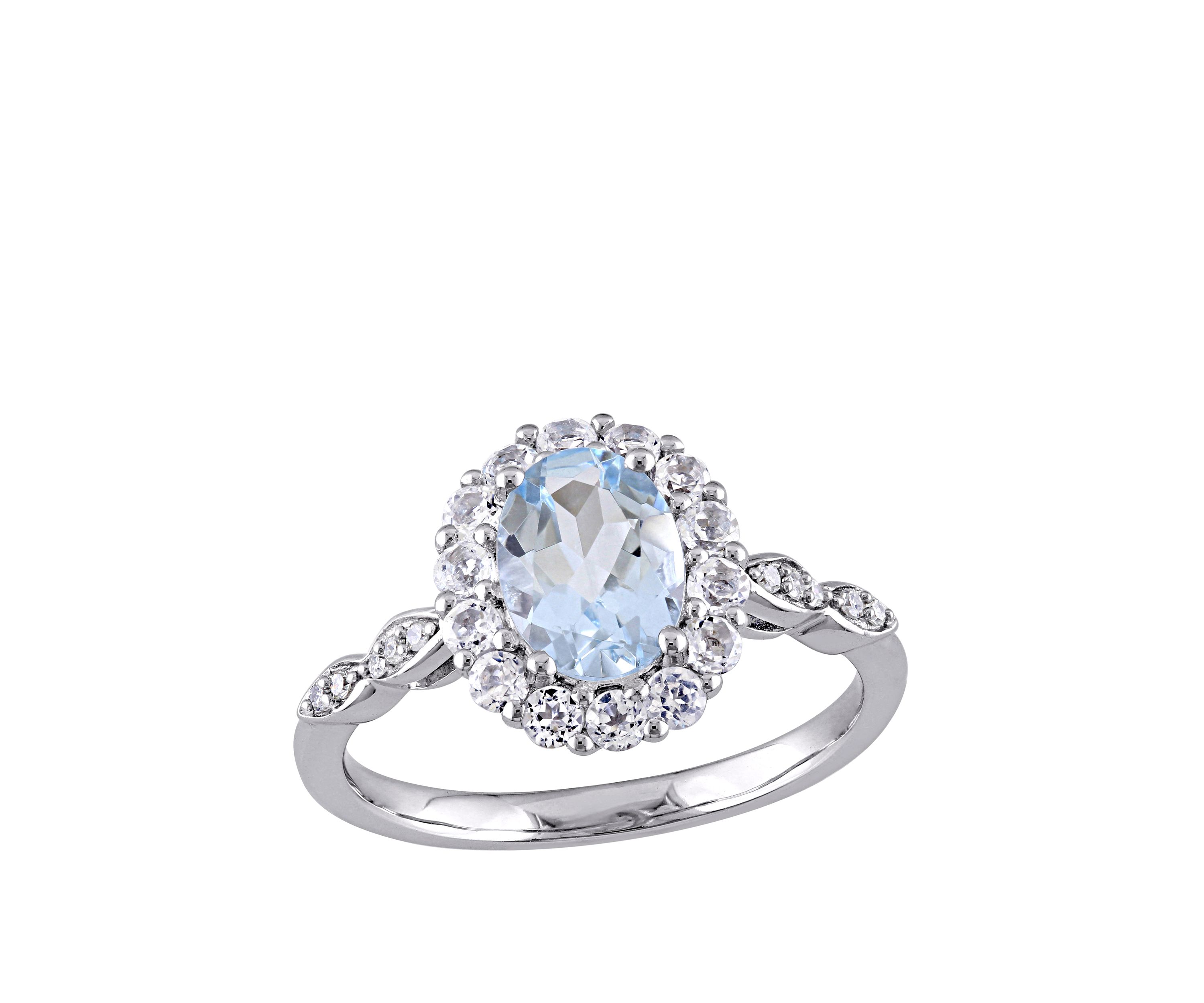  1.13 ct t.w. Aquamarine, White Topaz, and 1/10 ct. t.w. Diamond Accent Halo Vintage Ring in 14K White Gold