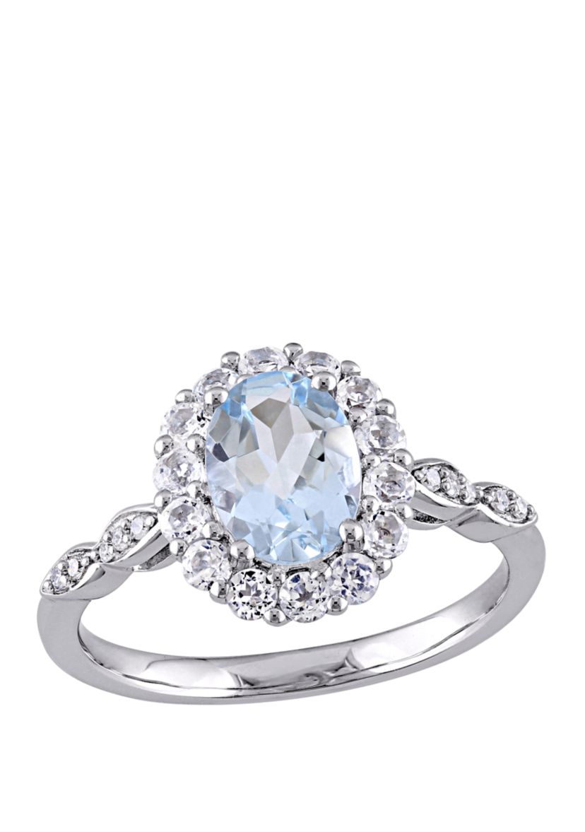  1.13 ct t.w. Aquamarine, White Topaz, and 1/10 ct. t.w. Diamond Accent Halo Vintage Ring in 14K White Gold