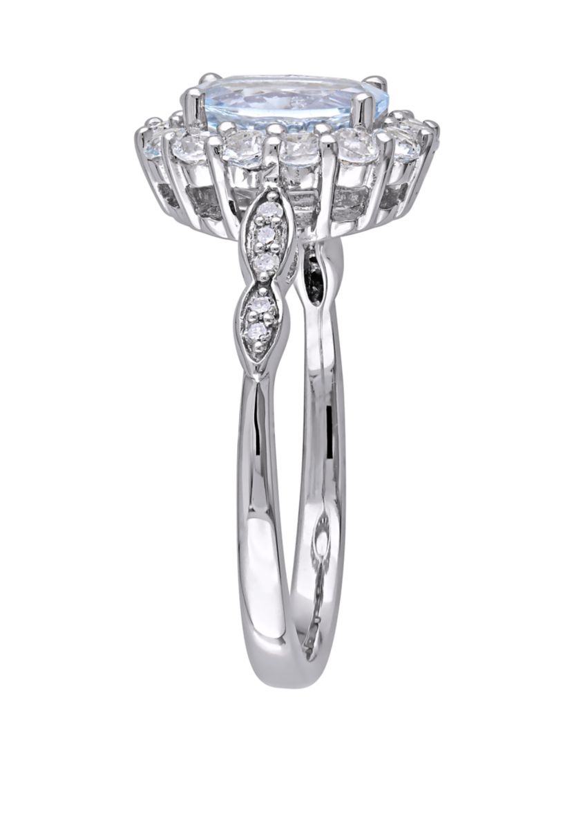  1.13 ct t.w. Aquamarine, White Topaz, and 1/10 ct. t.w. Diamond Accent Halo Vintage Ring in 14K White Gold