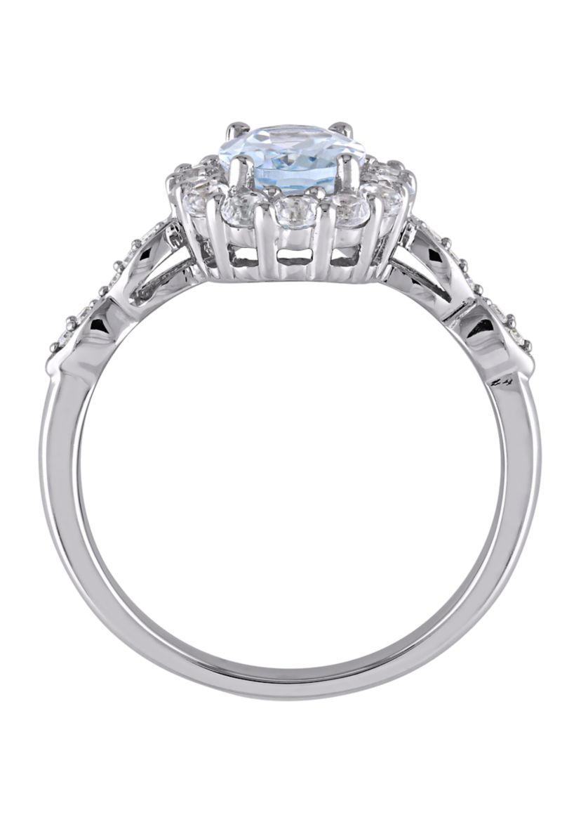  1.13 ct t.w. Aquamarine, White Topaz, and 1/10 ct. t.w. Diamond Accent Halo Vintage Ring in 14K White Gold
