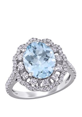 Belk & Co 2.75 ct. t.w. Aquamarine and 3/4 ct. t.w. Diamond Halo Floral Ring in 14K White Gold