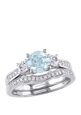 Belk & Co 1 Ct. T.w. Aquamarine, Lab Created White Sapphire, And 1/6 Ct. T.w. Diamond Accent 3-Stone Bridal Set In 10K White Gold