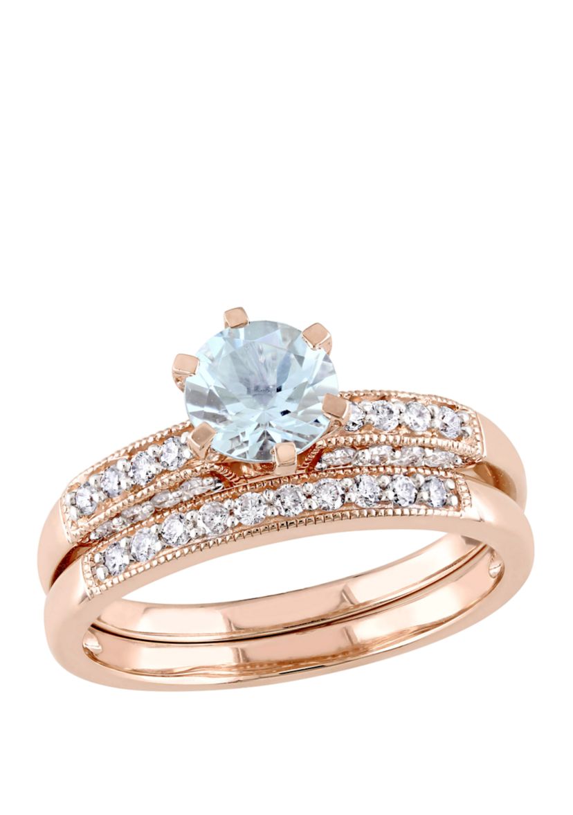 3/4 ct. t.w Aquamarine and 1/3 ct. t.w Diamond Bridal Ring Set in 10K Rose Gold