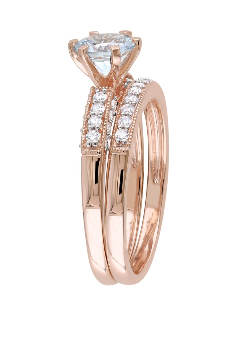 3/4 ct. t.w Aquamarine and 1/3 ct. t.w Diamond Bridal Ring Set in 10K Rose Gold
