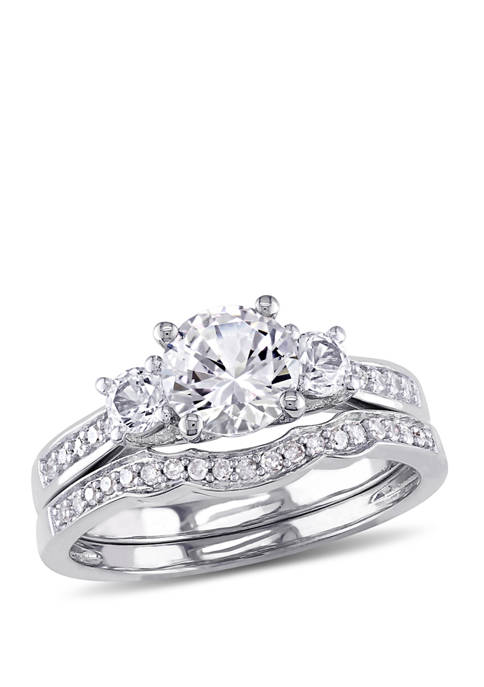 1.3 ct. t.w. Lab Created White Sapphire and 1/7 ct. t.w. Diamond 3 Stone Bridal Set in 10K White Gold