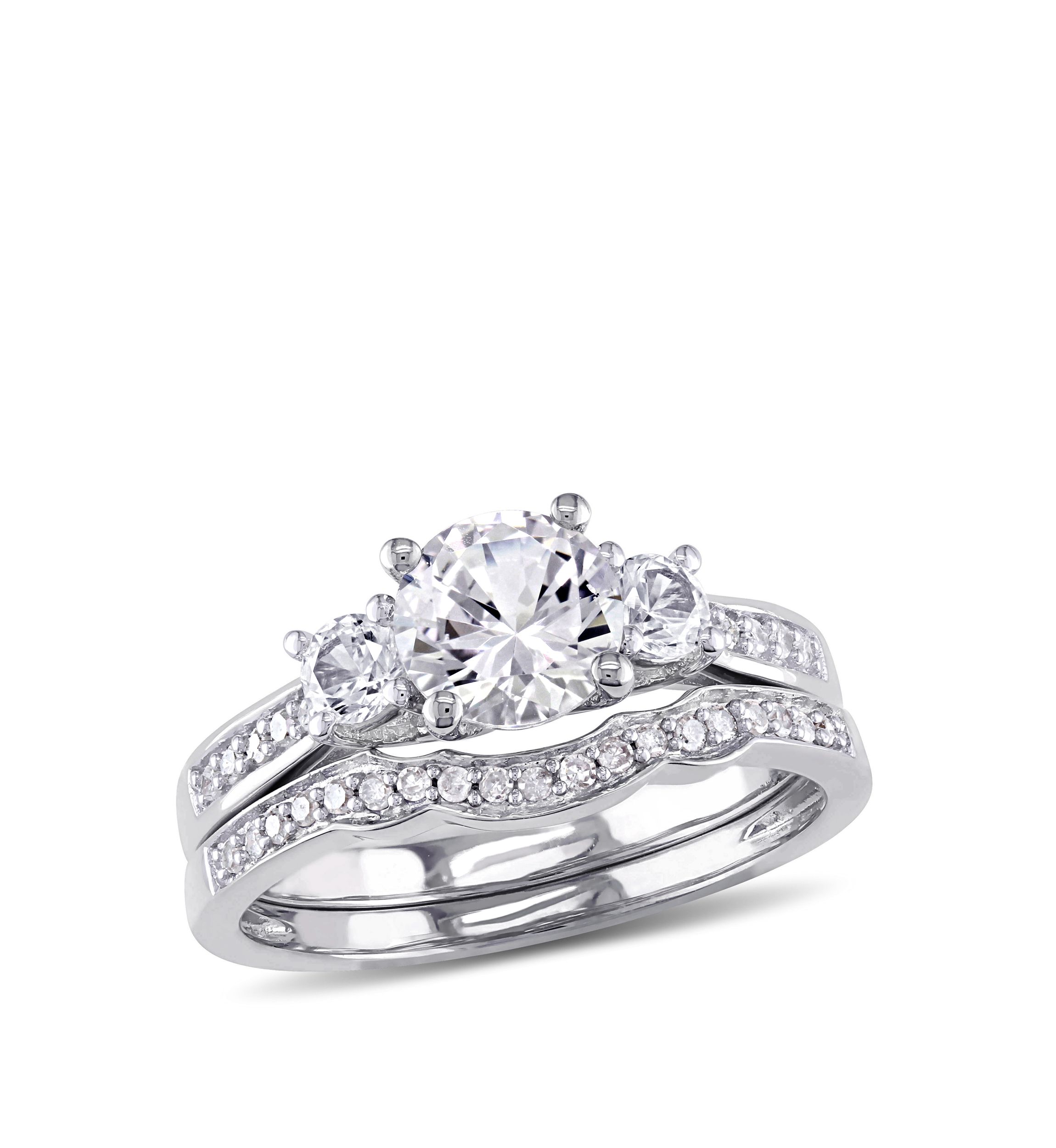 1.3 ct. t.w. Lab Created White Sapphire and 1/7 ct. t.w. Diamond 3 Stone Bridal Set in 10K White Gold