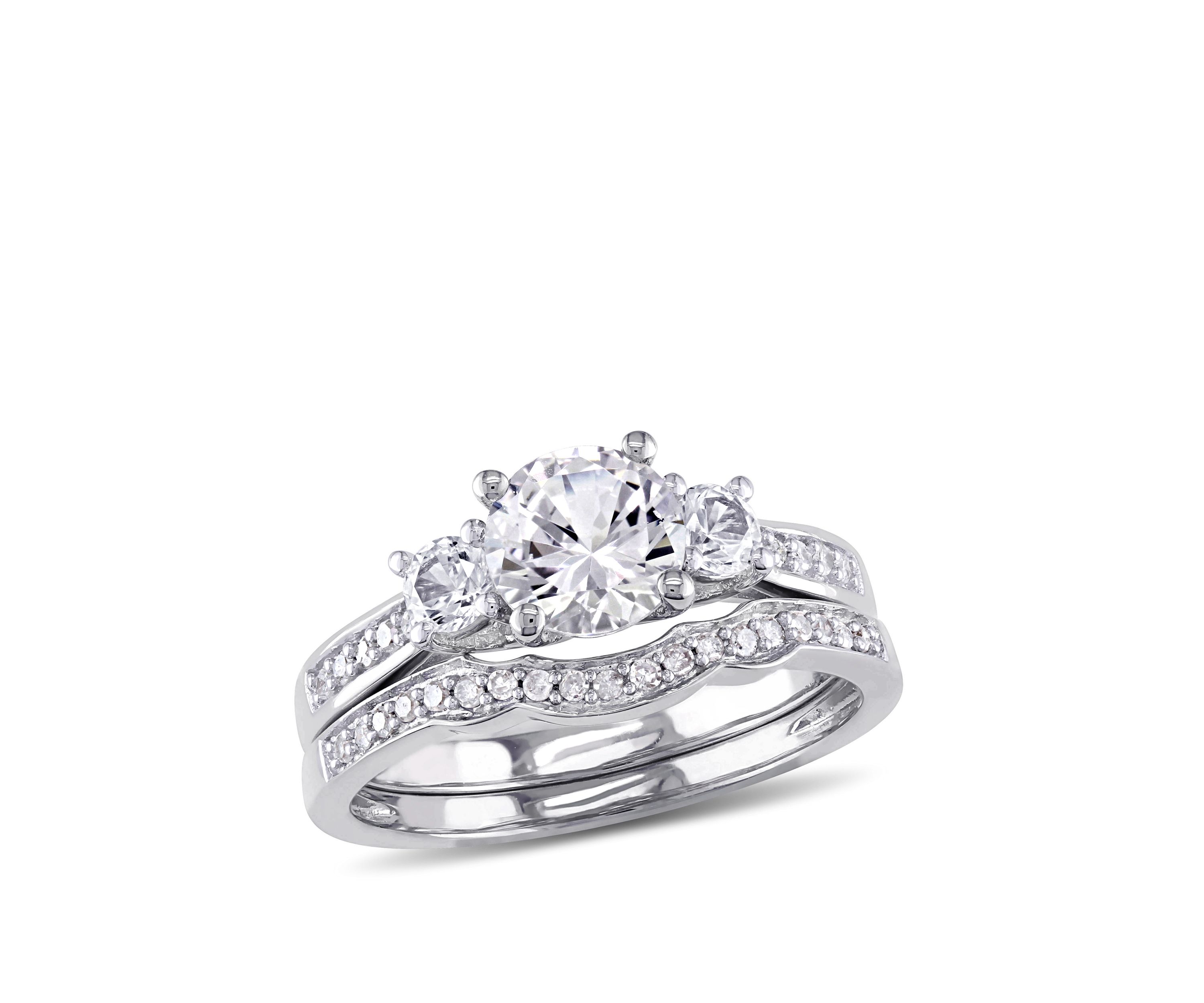 1.3 ct. t.w. Lab Created White Sapphire and 1/7 ct. t.w. Diamond 3 Stone Bridal Set in 10K White Gold