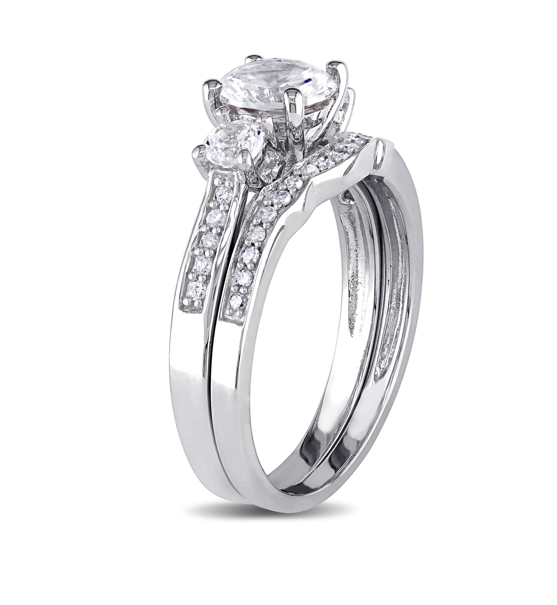 1.3 ct. t.w. Lab Created White Sapphire and 1/7 ct. t.w. Diamond 3 Stone Bridal Set in 10K White Gold