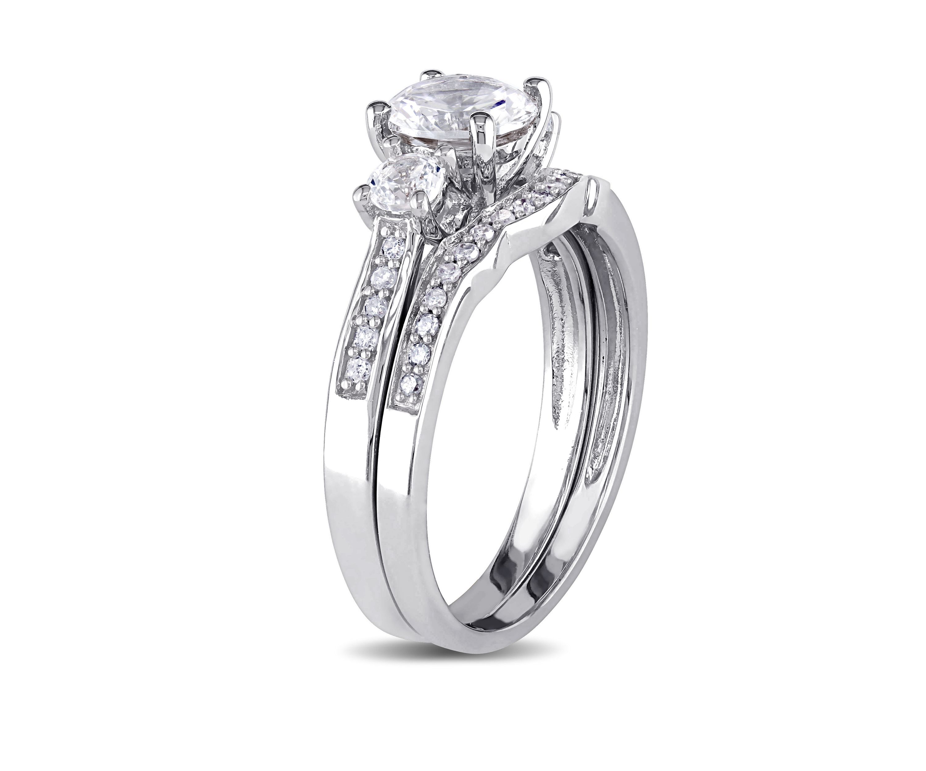 1.3 ct. t.w. Lab Created White Sapphire and 1/7 ct. t.w. Diamond 3 Stone Bridal Set in 10K White Gold