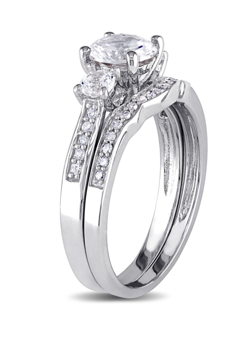 1.3 ct. t.w. Lab Created White Sapphire and 1/7 ct. t.w. Diamond 3 Stone Bridal Set in 10K White Gold