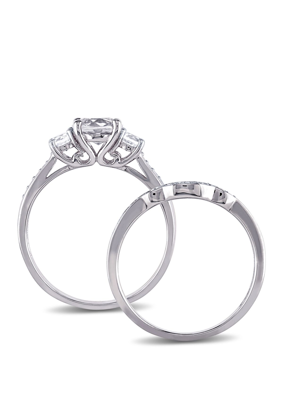 1.3 ct. t.w. Lab Created White Sapphire and 1/7 ct. t.w. Diamond 3 Stone Bridal Set in 10K White Gold
