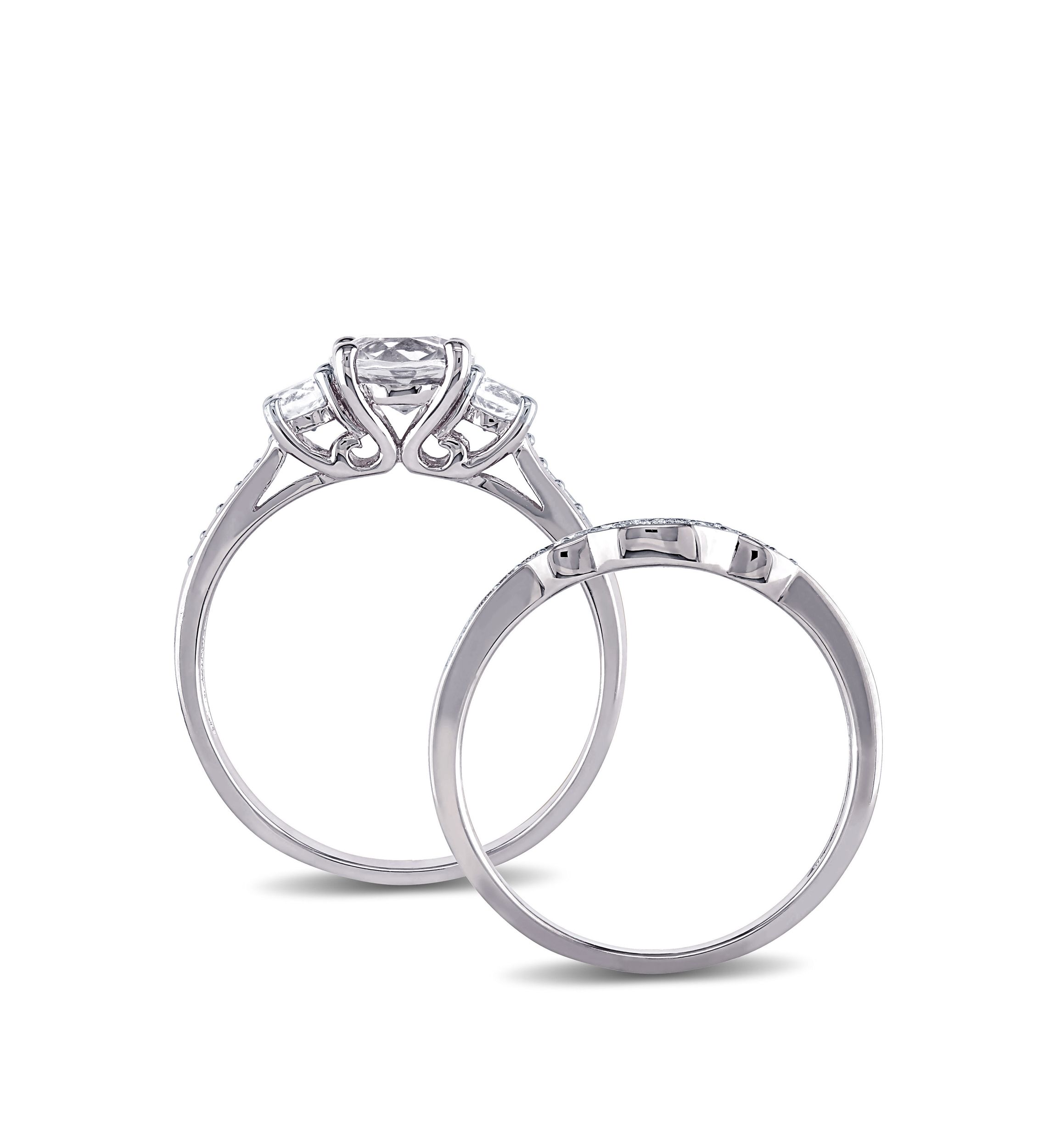 1.3 ct. t.w. Lab Created White Sapphire and 1/7 ct. t.w. Diamond 3 Stone Bridal Set in 10K White Gold