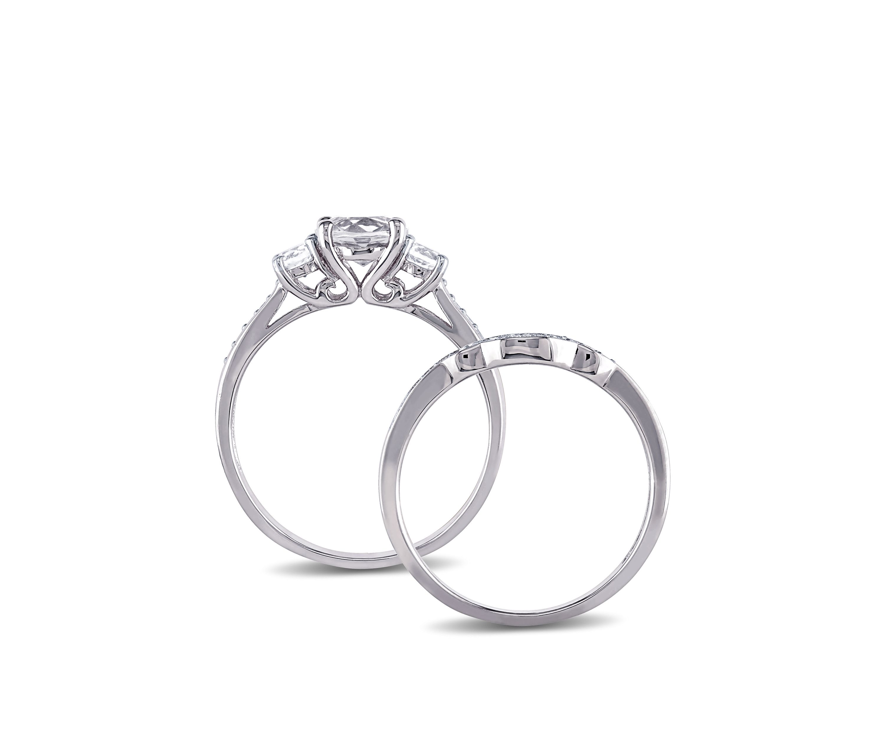 1.3 ct. t.w. Lab Created White Sapphire and 1/7 ct. t.w. Diamond 3 Stone Bridal Set in 10K White Gold
