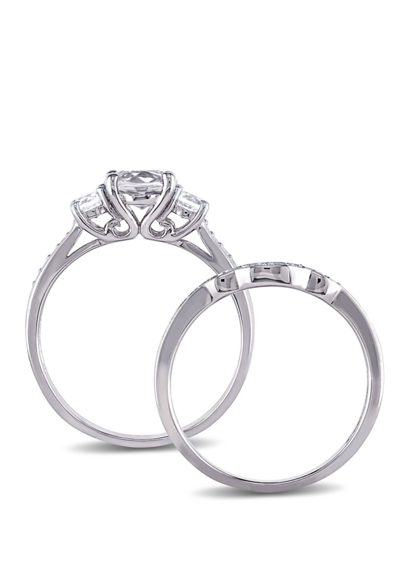 1.3 ct. t.w. Lab Created White Sapphire and 1/7 ct. t.w. Diamond 3 Stone Bridal Set in 10K White Gold