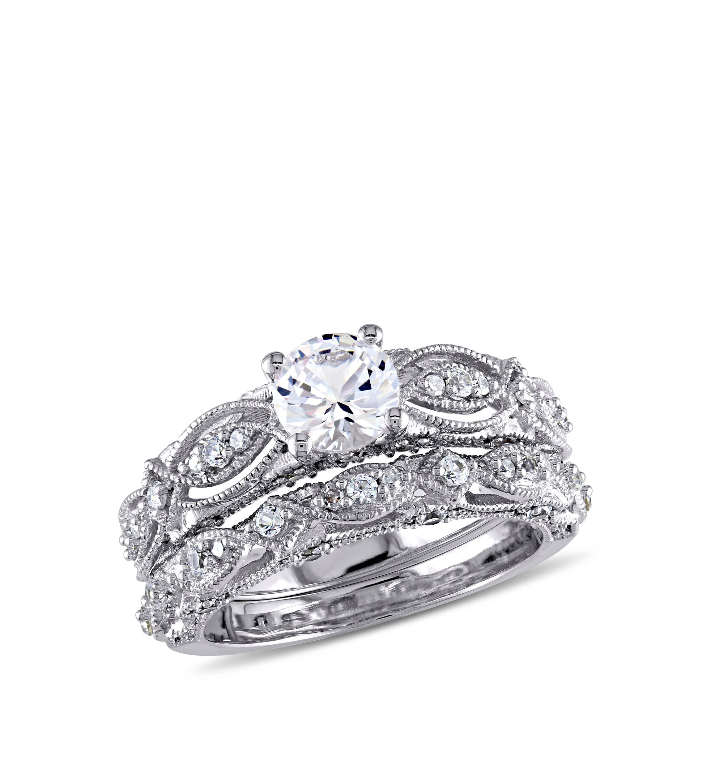 1.75 ct. t.w. Lab Created White Sapphire and 1/10 ct. t.w. Diamond Vintage Filigree Bridal Set in 10K White Gold