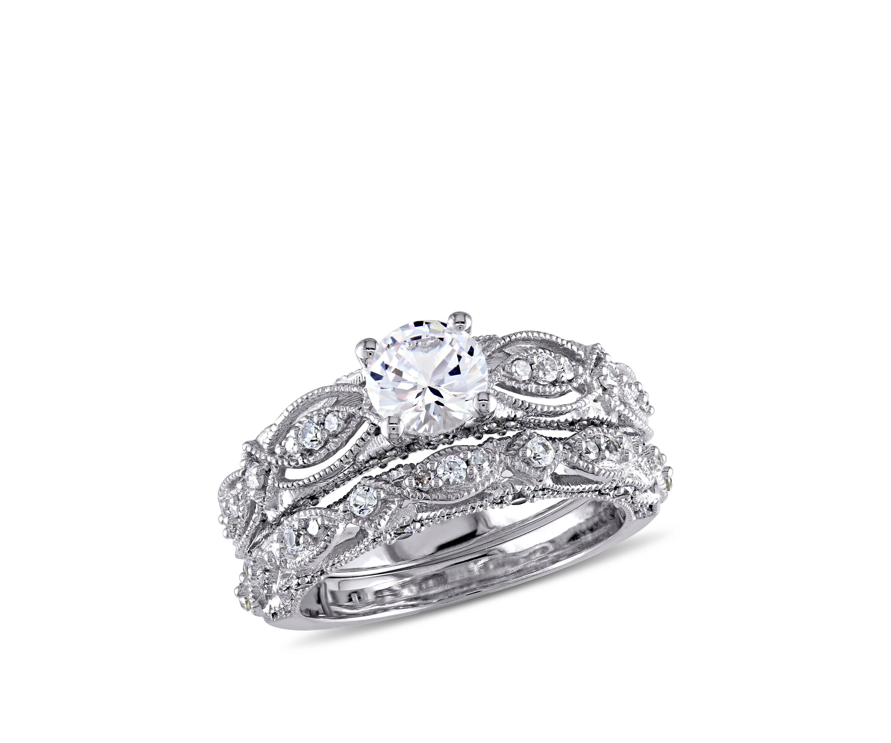 1.75 ct. t.w. Lab Created White Sapphire and 1/10 ct. t.w. Diamond Vintage Filigree Bridal Set in 10K White Gold