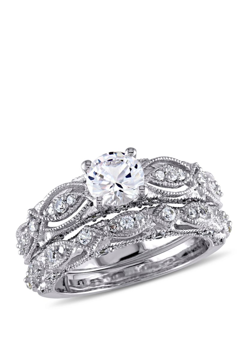 1.75 ct. t.w. Lab Created White Sapphire and 1/10 ct. t.w. Diamond Vintage Filigree Bridal Set in 10K White Gold
