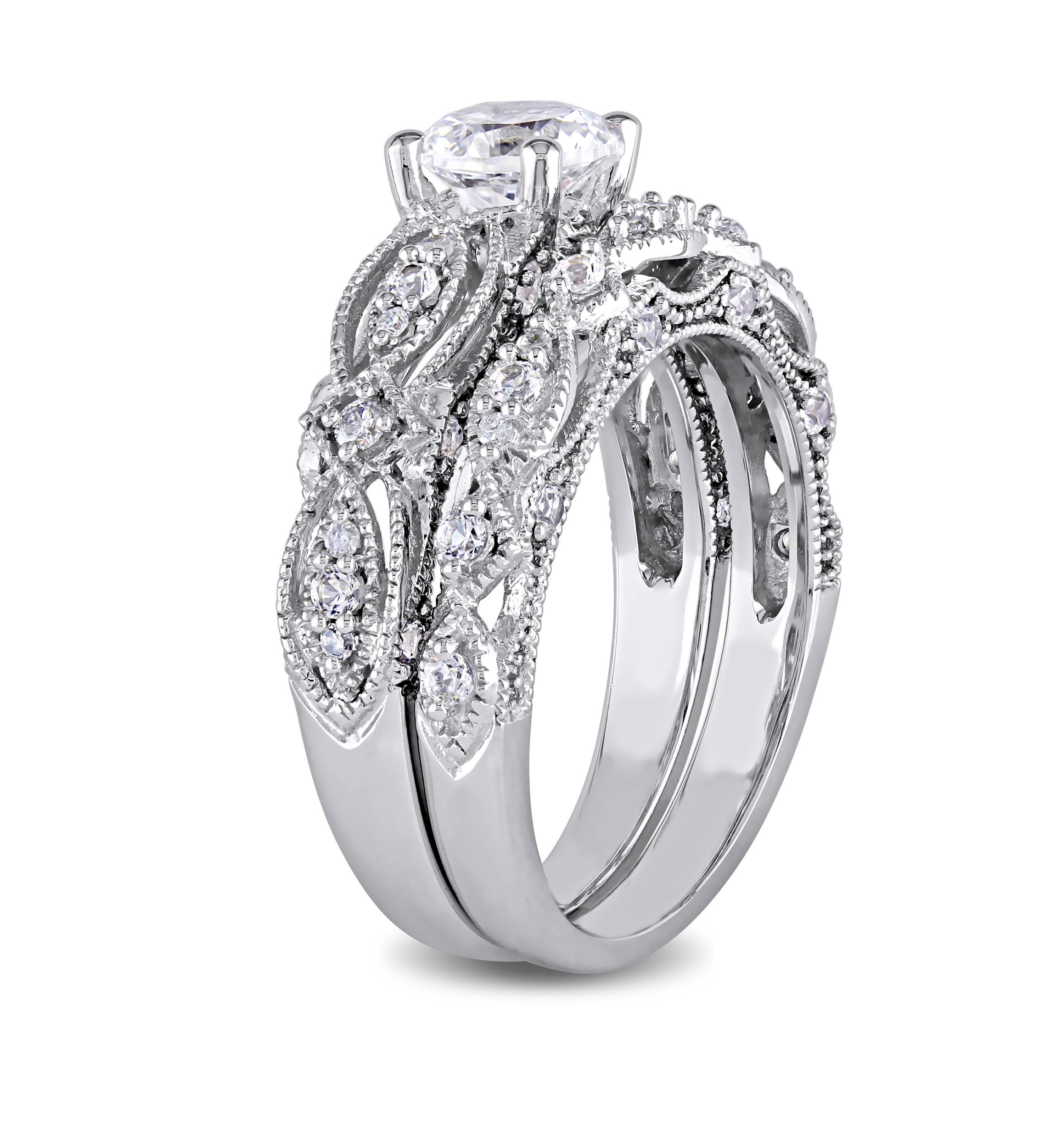 1.75 ct. t.w. Lab Created White Sapphire and 1/10 ct. t.w. Diamond Vintage Filigree Bridal Set in 10K White Gold