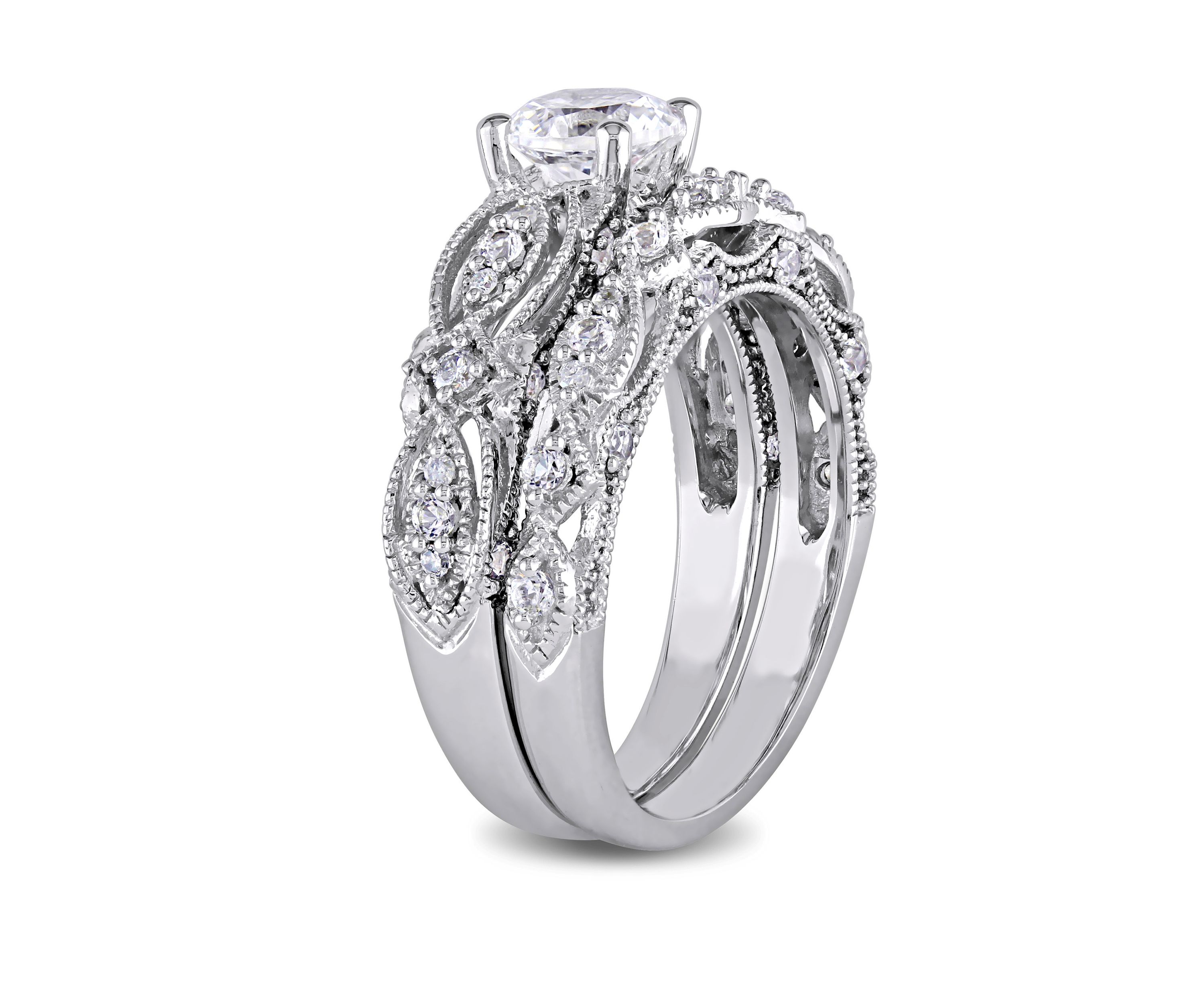 1.75 ct. t.w. Lab Created White Sapphire and 1/10 ct. t.w. Diamond Vintage Filigree Bridal Set in 10K White Gold
