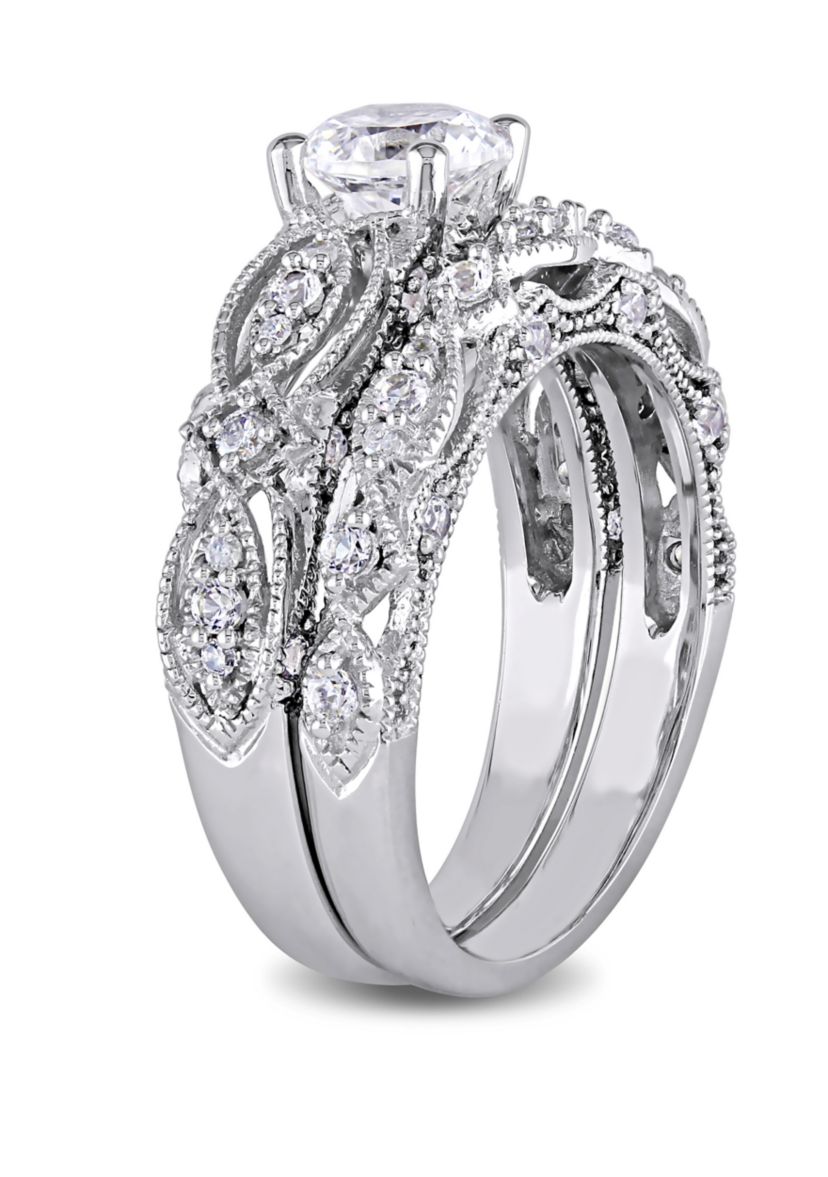 1.75 ct. t.w. Lab Created White Sapphire and 1/10 ct. t.w. Diamond Vintage Filigree Bridal Set in 10K White Gold