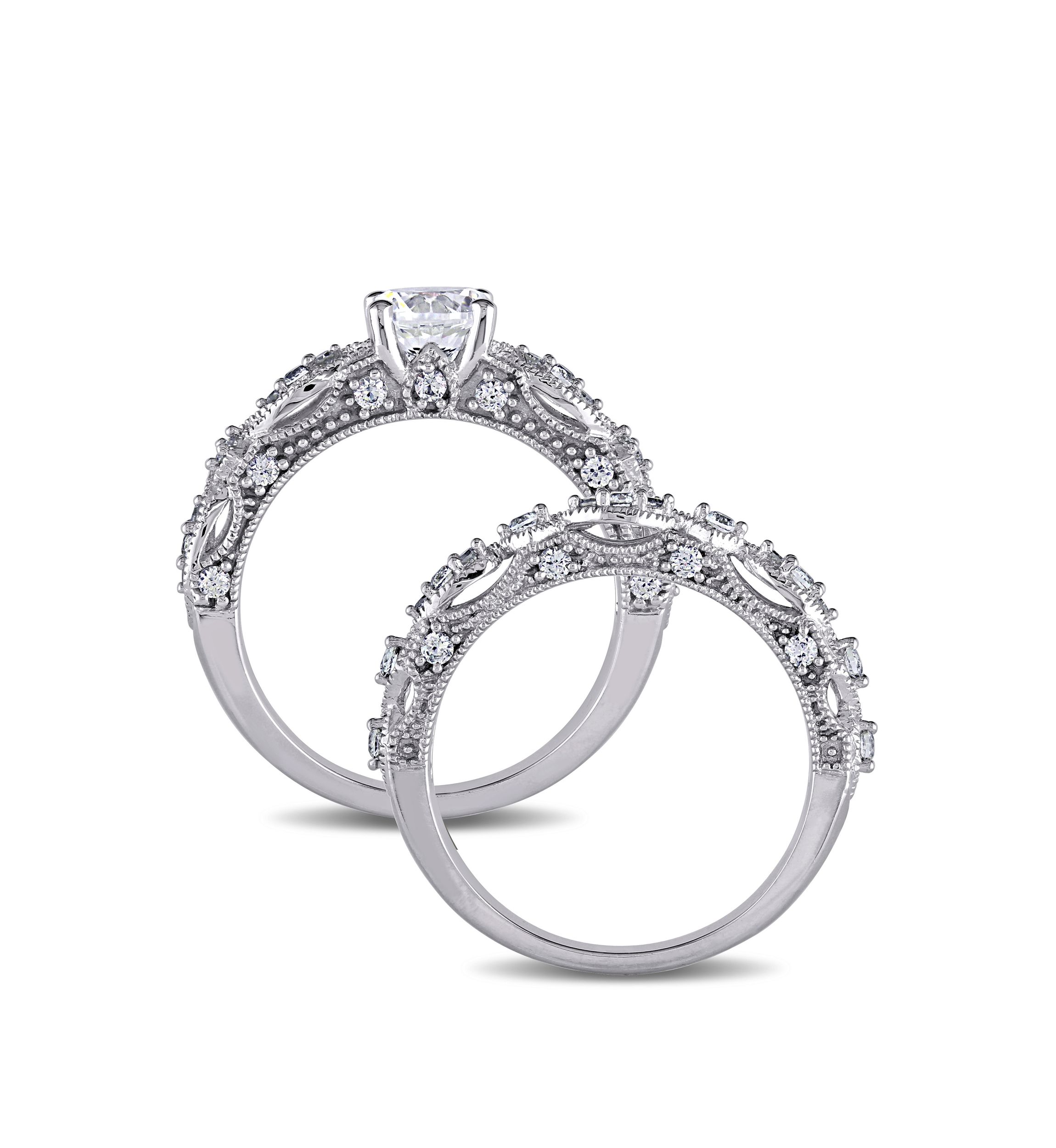 1.75 ct. t.w. Lab Created White Sapphire and 1/10 ct. t.w. Diamond Vintage Filigree Bridal Set in 10K White Gold