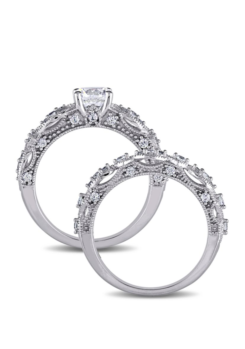 1.75 ct. t.w. Lab Created White Sapphire and 1/10 ct. t.w. Diamond Vintage Filigree Bridal Set in 10K White Gold