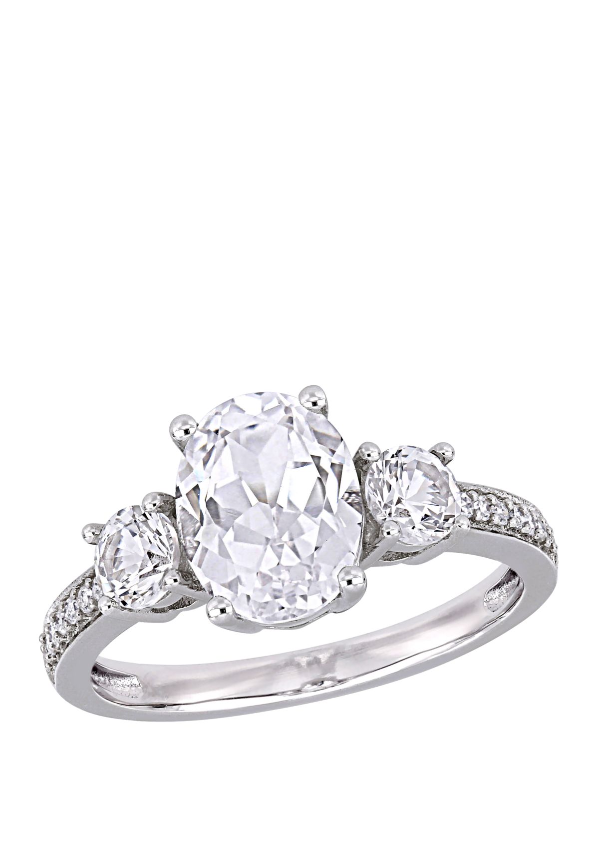 3.3 ct. t.w. Lab Created White Sapphire and 1/10 ct. t.w. Diamond Oval 3 Stone Ring in 10K White Gold