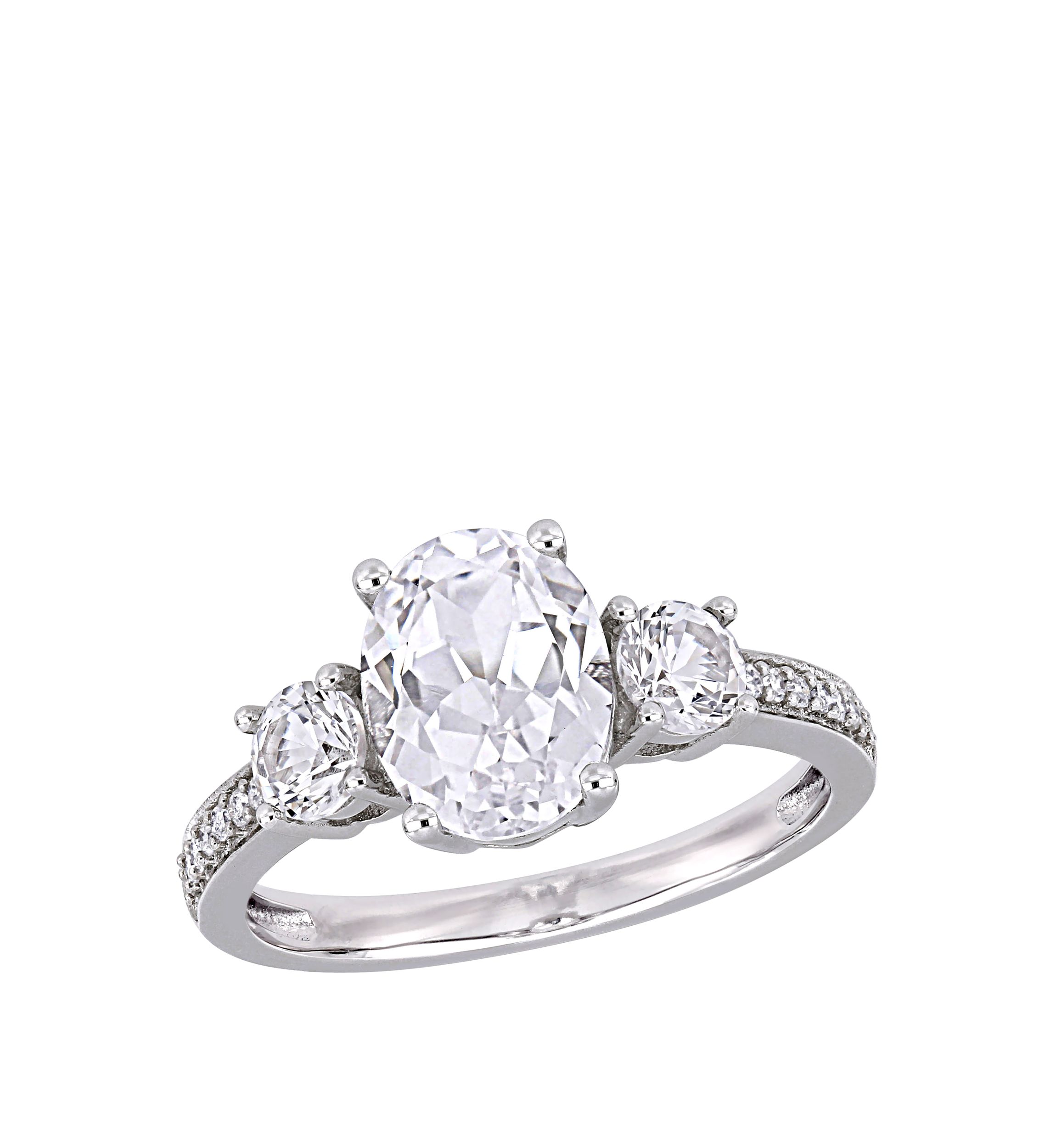 3.3 ct. t.w. Lab Created White Sapphire and 1/10 ct. t.w. Diamond Oval 3 Stone Ring in 10K White Gold