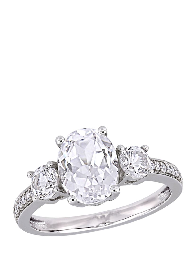 3.3 ct. t.w. Lab Created White Sapphire and 1/10 ct. t.w. Diamond Oval 3 Stone Ring in 10K White Gold