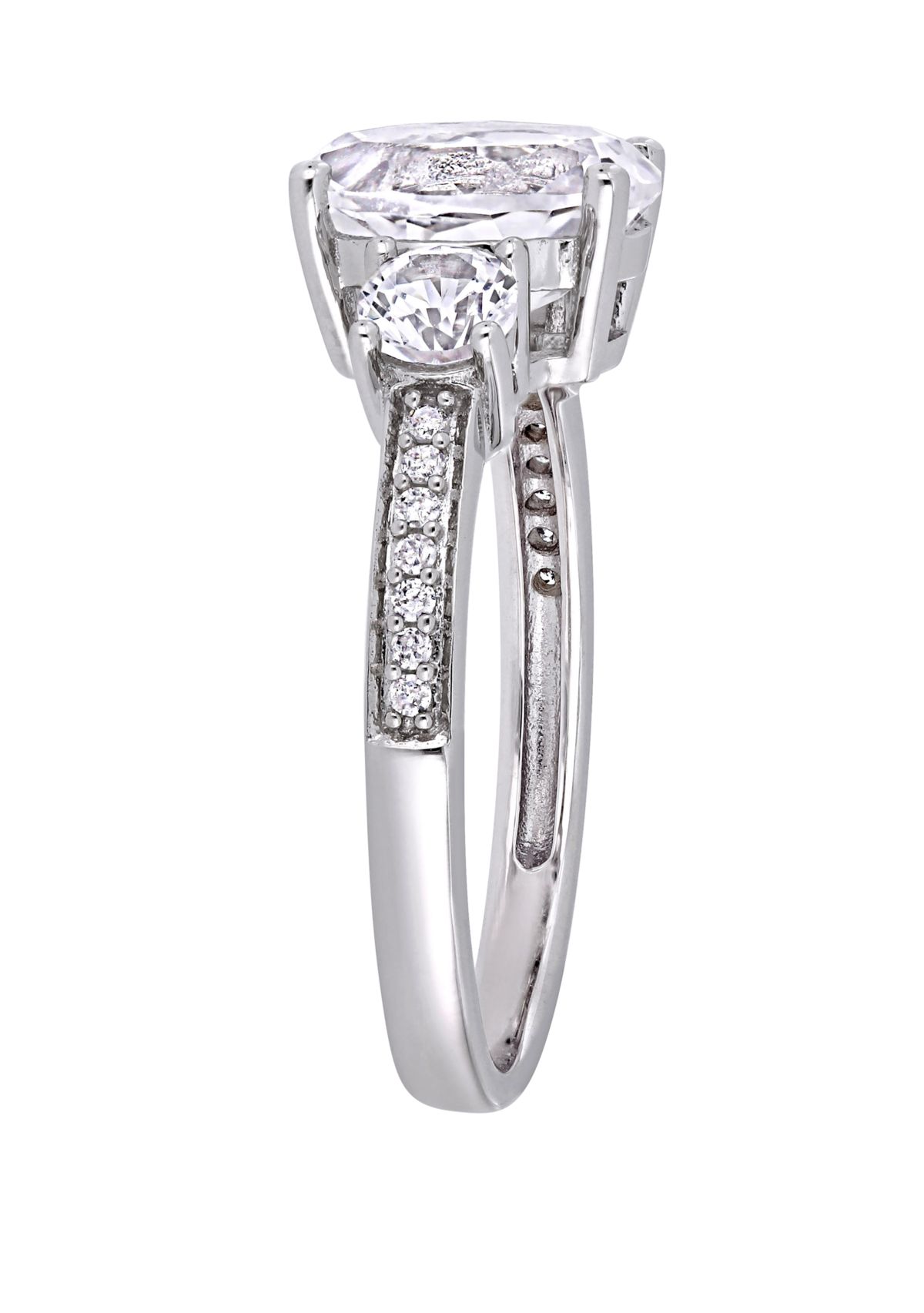 3.3 ct. t.w. Lab Created White Sapphire and 1/10 ct. t.w. Diamond Oval 3 Stone Ring in 10K White Gold