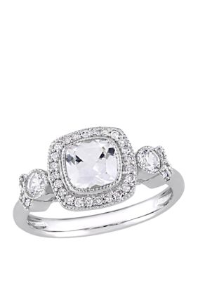 Belk & Co 1.5 Ct. T.w. Lab Created White Sapphire And 1/6 Ct. T.w. Diamond Halo 3 Stone Ring In 10K White Gold