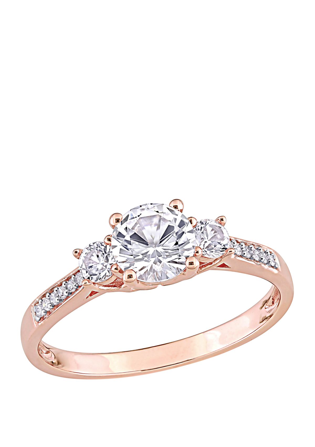 1.3 ct. t.w. Lab Created White Sapphire and 1/10 ct. t.w. Diamond 3 Stone Engagement Ring in 10K Rose Gold
