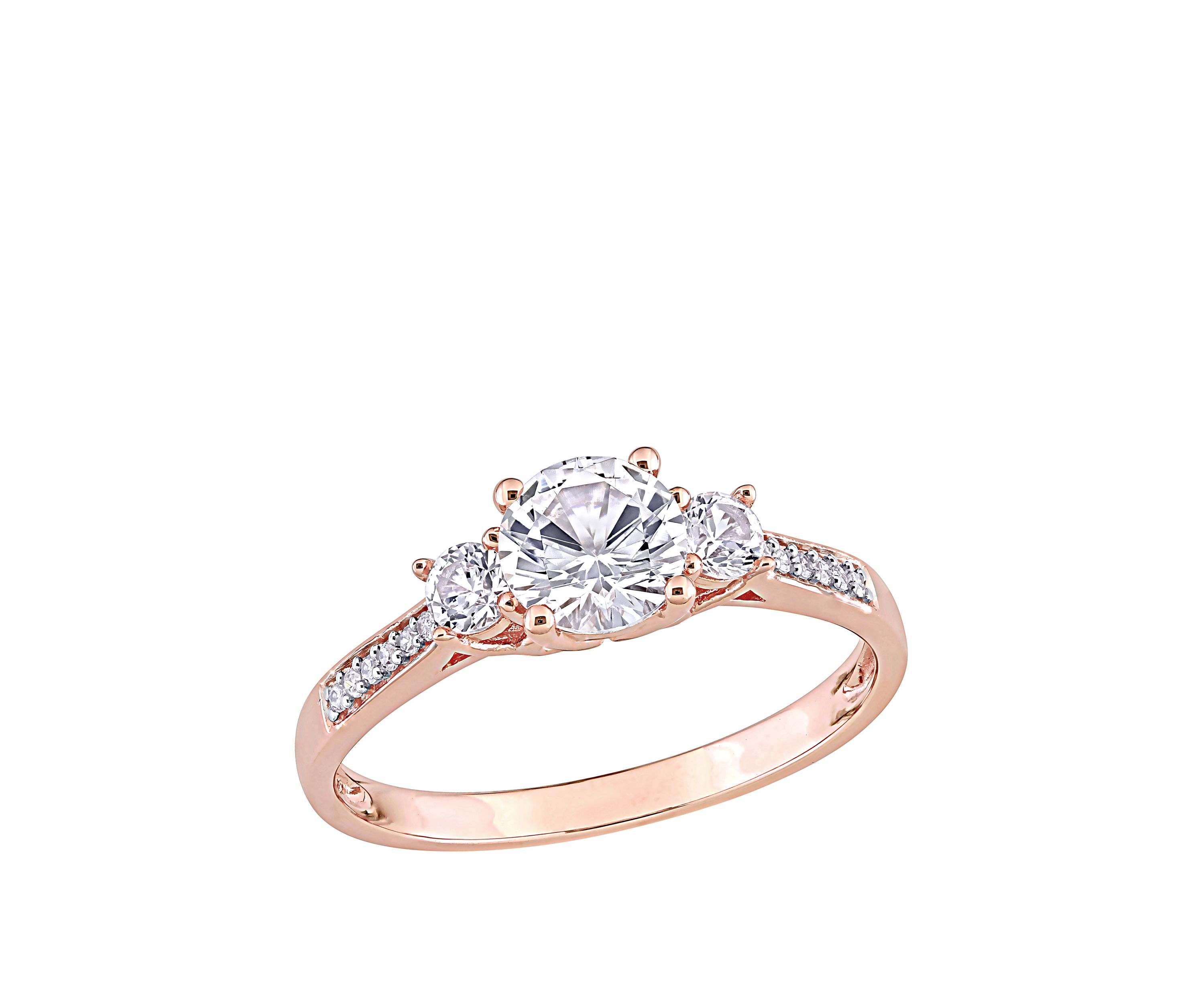 1.3 ct. t.w. Lab Created White Sapphire and 1/10 ct. t.w. Diamond 3 Stone Engagement Ring in 10K Rose Gold